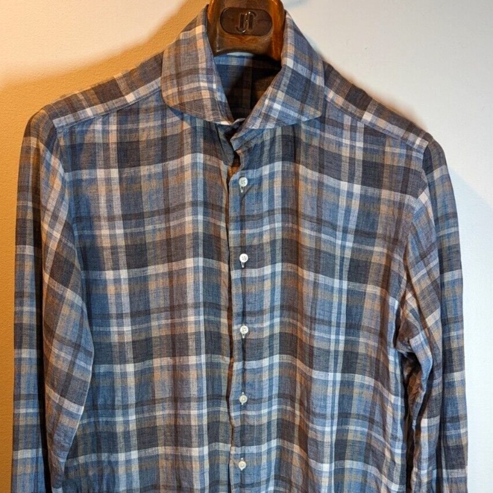 Suitsupply Shirt Size 41-7 / 16L Linen Plaid Long Sleeve Button Up Italy